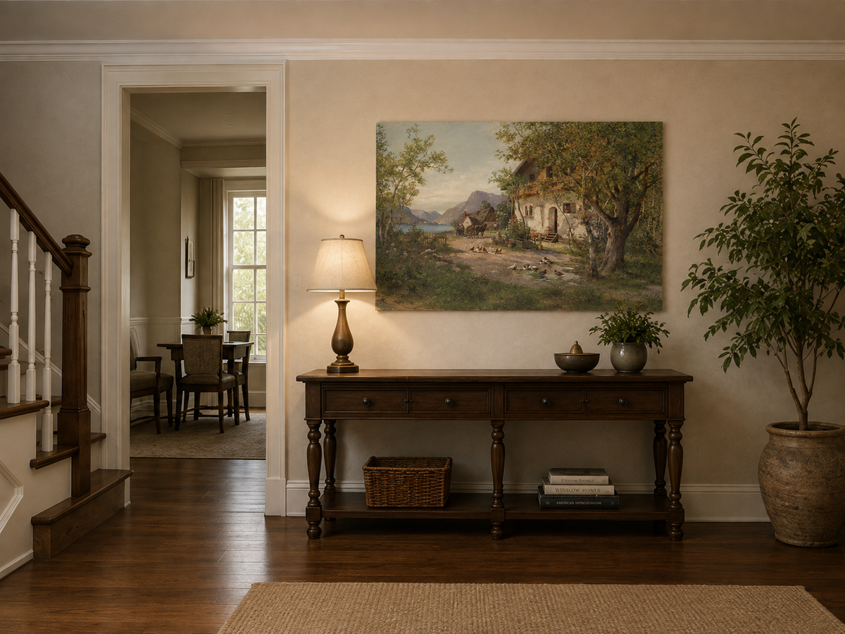 Landscape Oil Painting - Lakeside Farm with Figures & Animals