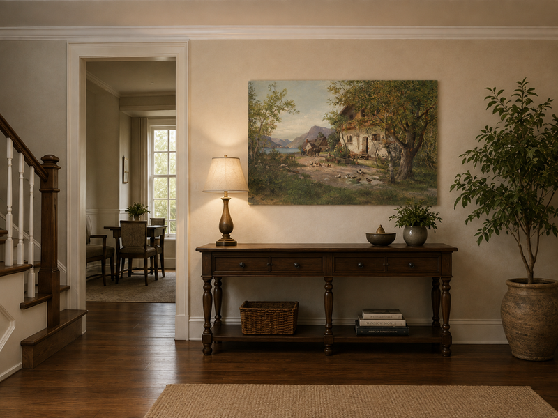 Landscape Oil Painting - Lakeside Farm with Figures & Animals