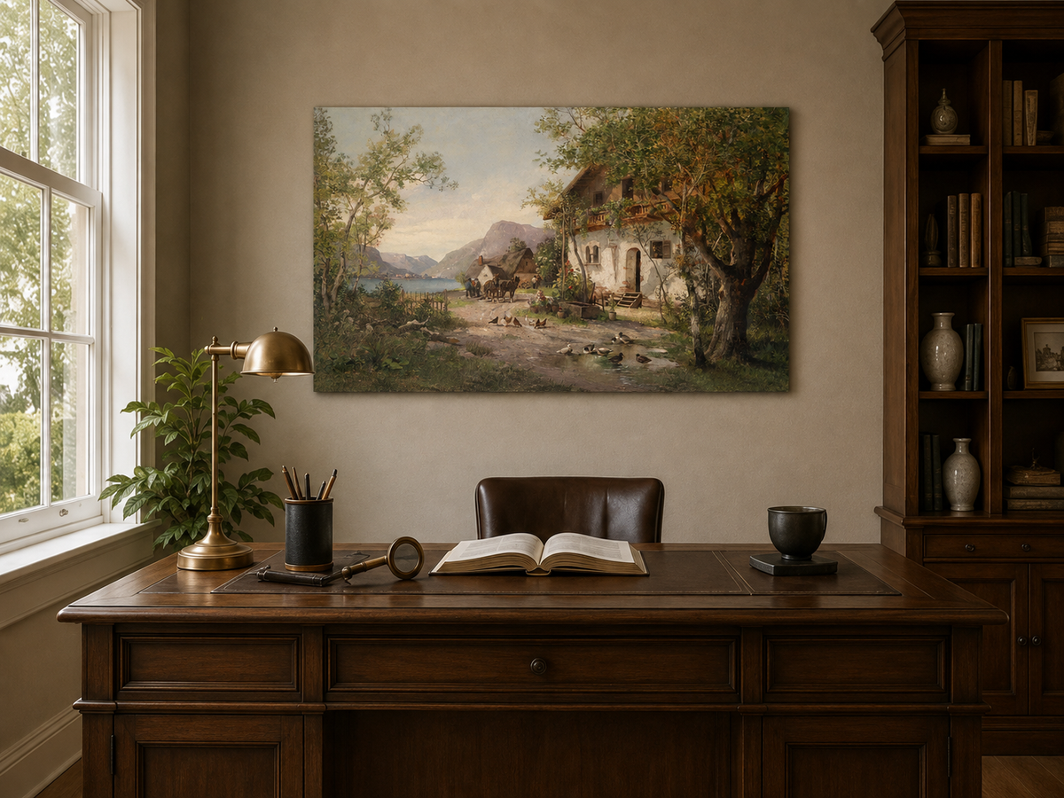 Landscape Oil Painting - Lakeside Farm with Figures & Animals