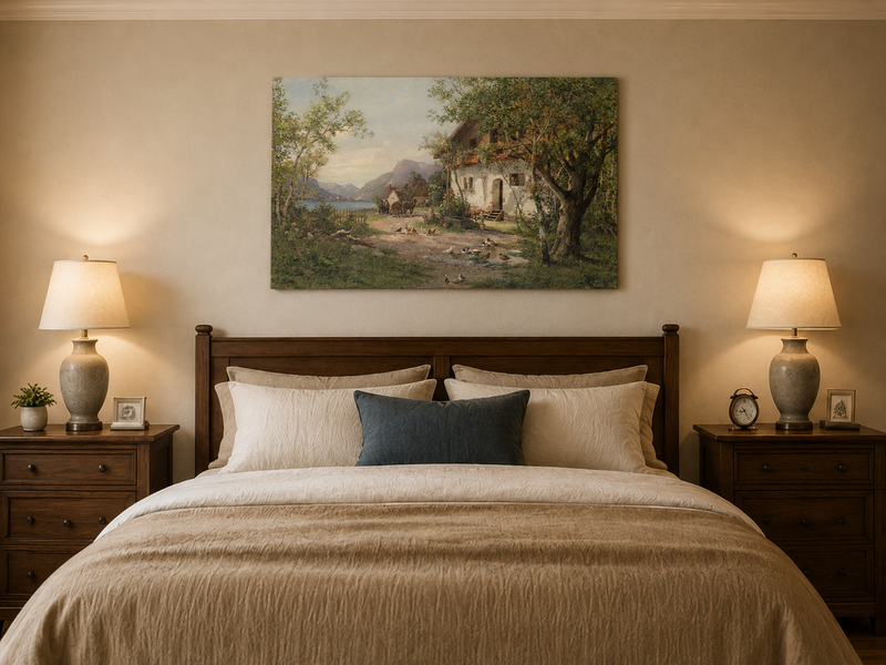 Landscape Oil Painting - Lakeside Farm with Figures & Animals