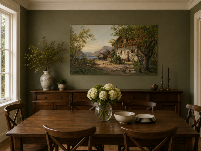 Landscape Oil Painting - Lakeside Farm with Figures & Animals