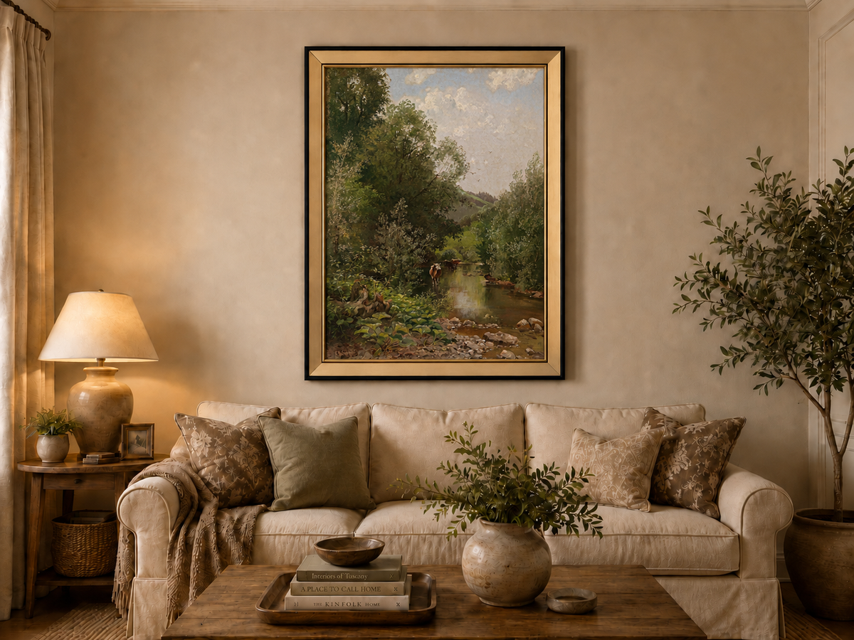 Landscape Oil Painting - River with Cows, Trees & Hills