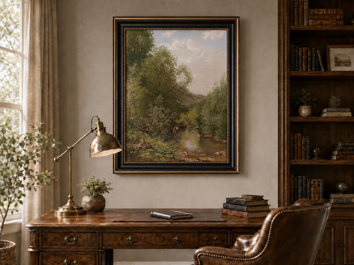 Landscape Oil Painting - River with Cows, Trees & Hills