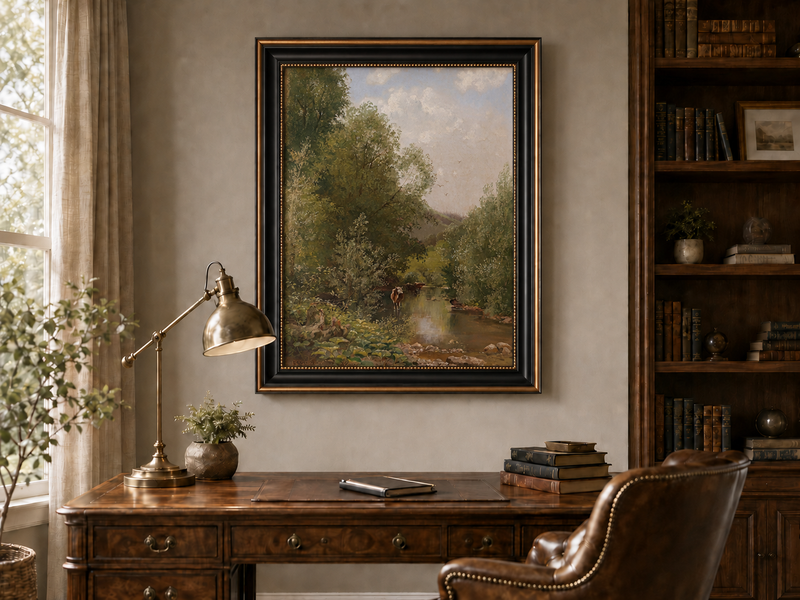 Landscape Oil Painting - River with Cows, Trees & Hills