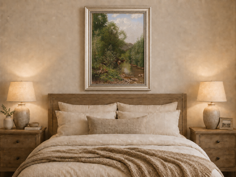 Landscape Oil Painting - River with Cows, Trees & Hills