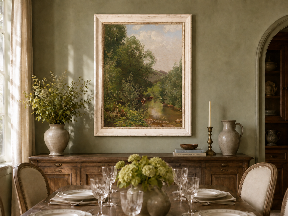 Landscape Oil Painting - River with Cows, Trees & Hills