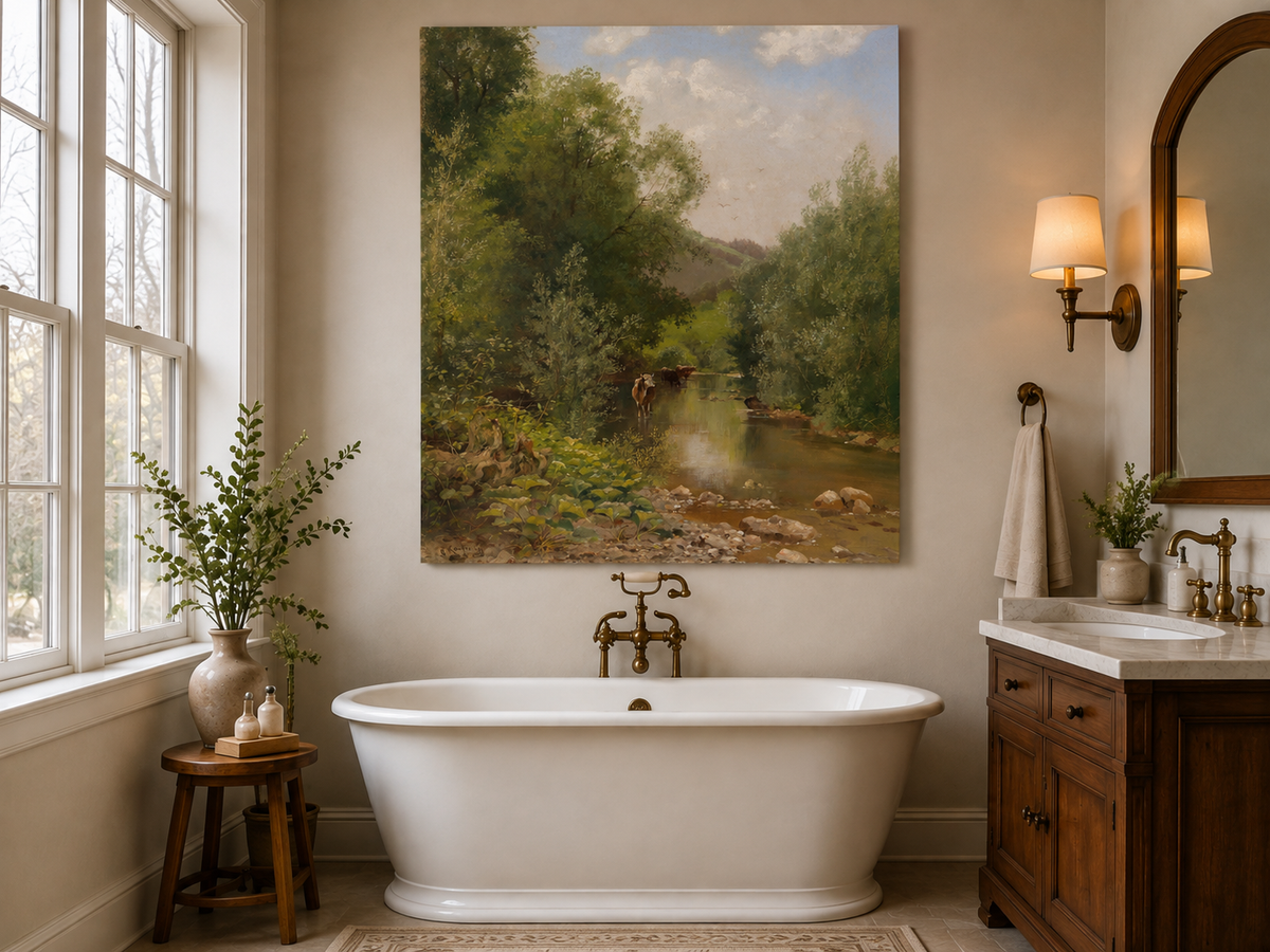 Landscape Oil Painting - River with Cows, Trees & Hills