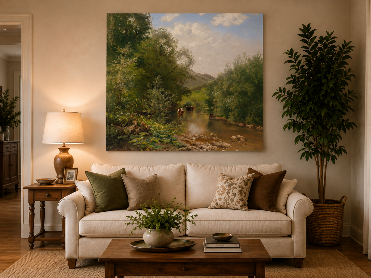 Landscape Oil Painting - River with Cows, Trees & Hills