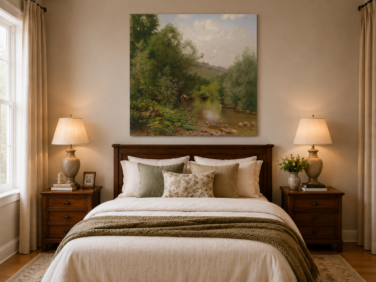 Landscape Oil Painting - River with Cows, Trees & Hills