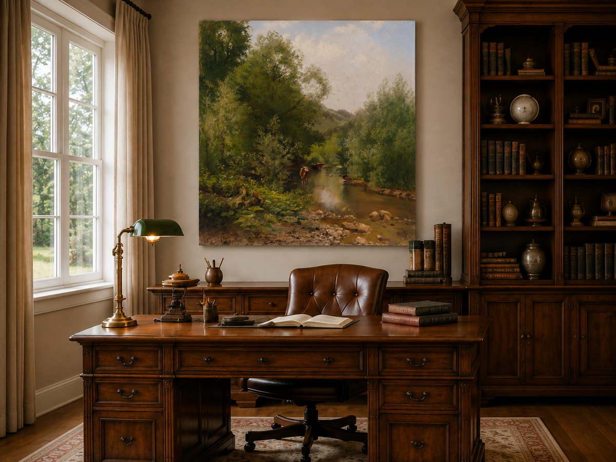 Landscape Oil Painting - River with Cows, Trees & Hills