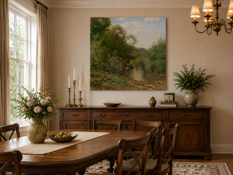 Landscape Oil Painting - River with Cows, Trees & Hills