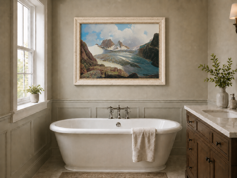 Peinture à l'huile de paysage - Glacier de montagne avec personnage