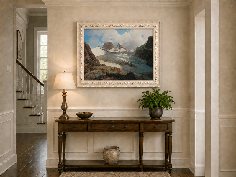 Peinture à l'huile de paysage - Glacier de montagne avec personnage
