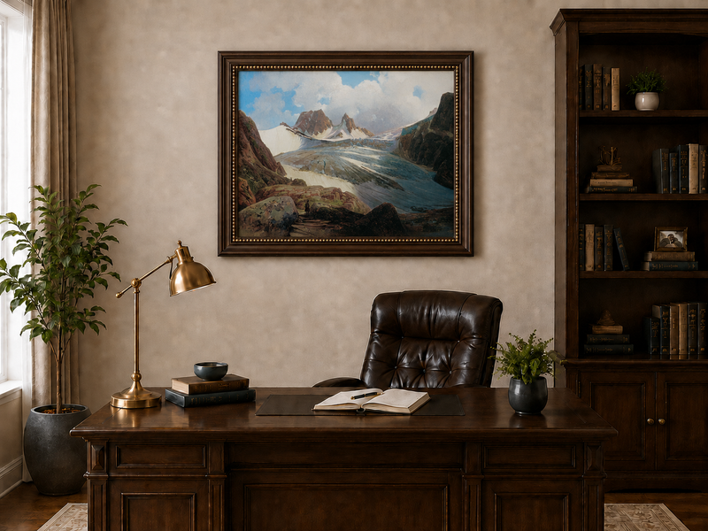 Peinture à l'huile de paysage - Glacier de montagne avec personnage