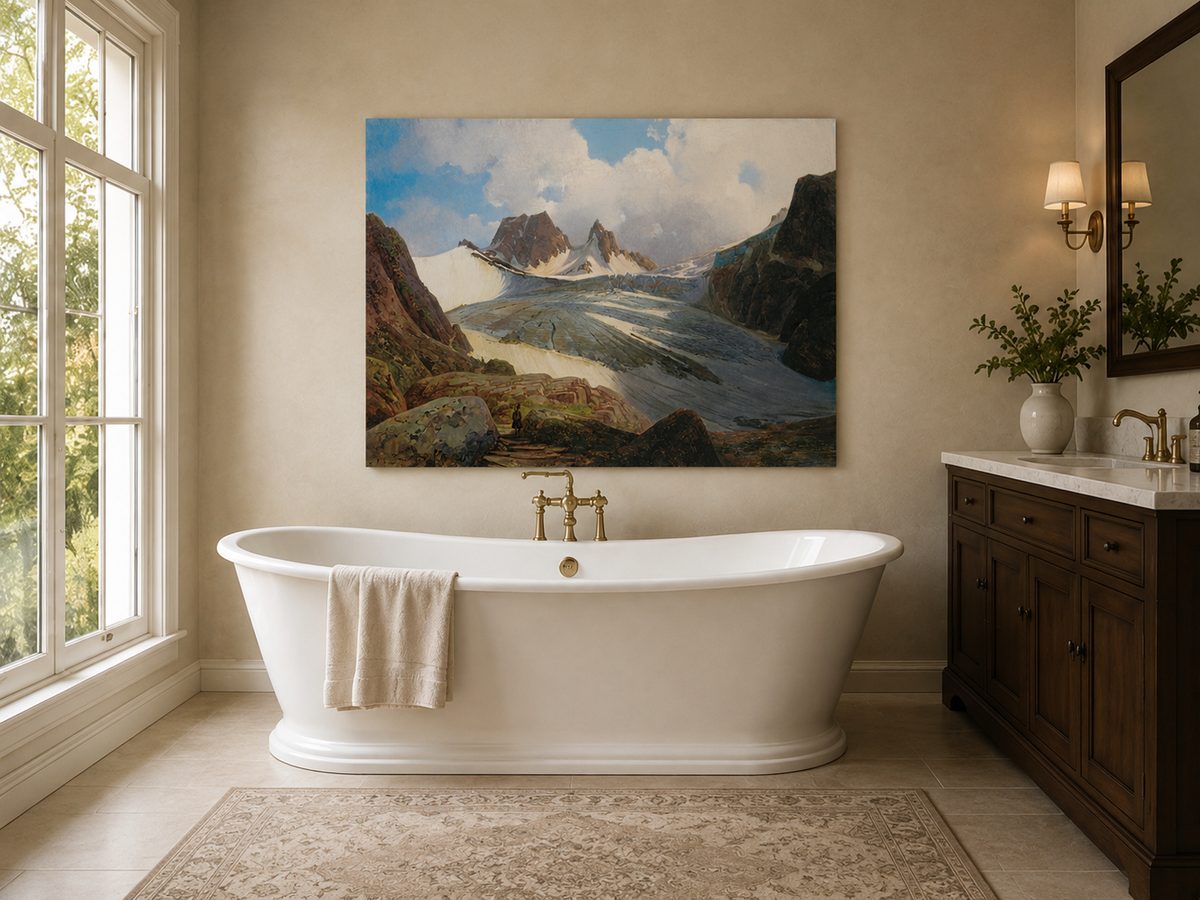 Peinture à l'huile de paysage - Glacier de montagne avec personnage