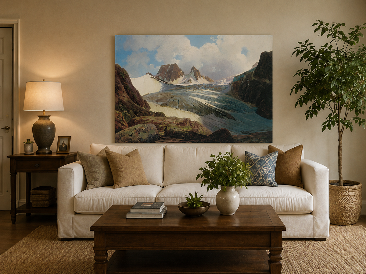 Peinture à l'huile de paysage - Glacier de montagne avec personnage