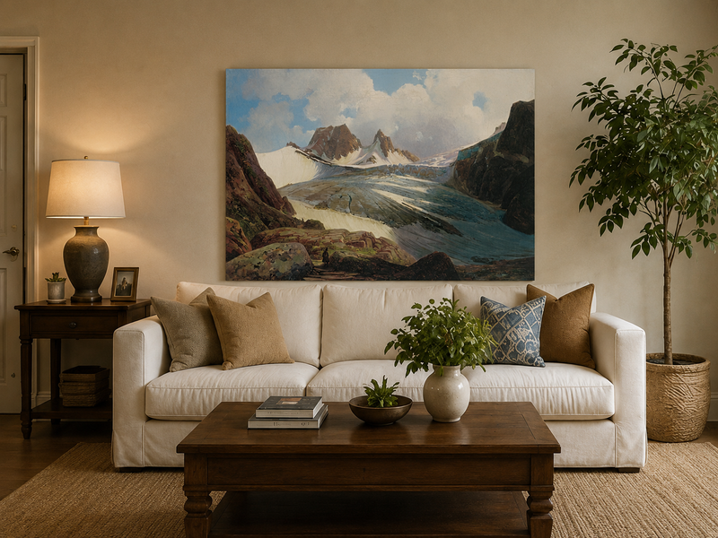 Peinture à l'huile de paysage - Glacier de montagne avec personnage