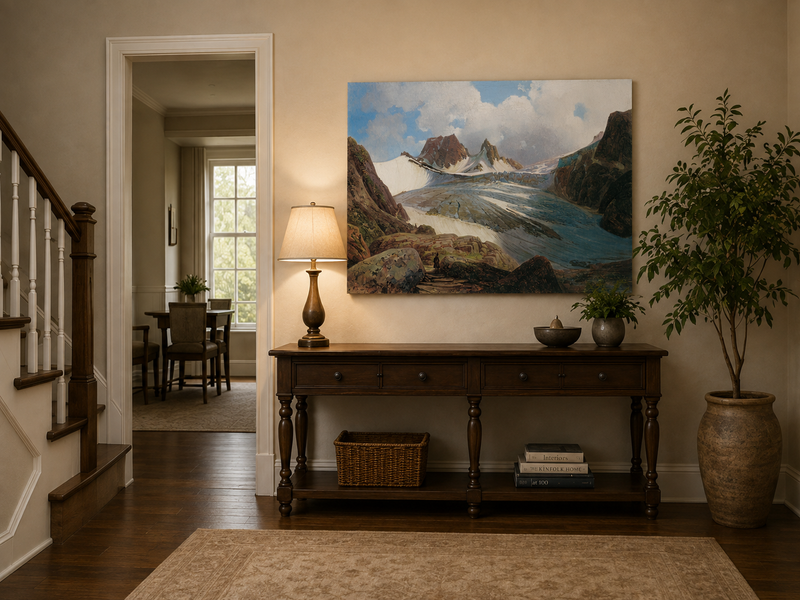 Peinture à l'huile de paysage - Glacier de montagne avec personnage