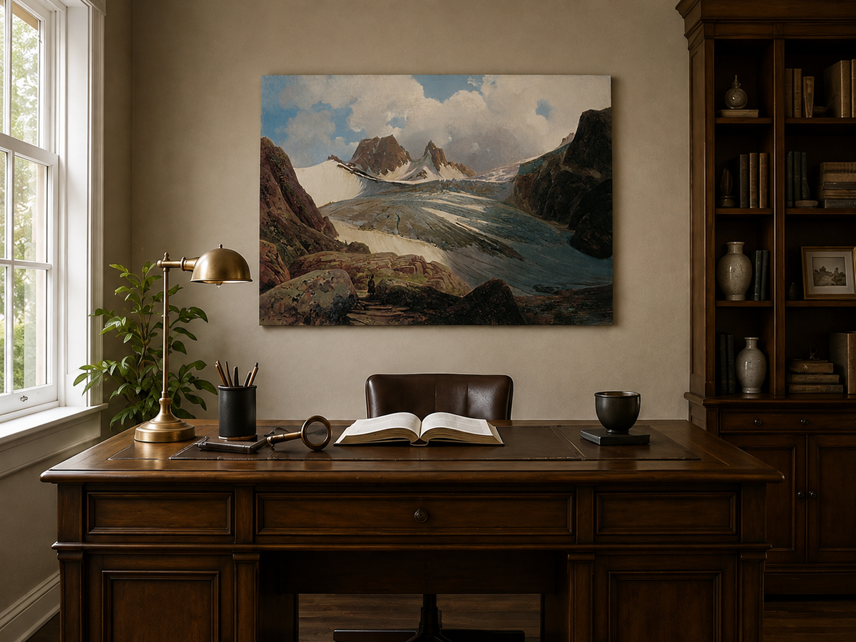 Peinture à l'huile de paysage - Glacier de montagne avec personnage