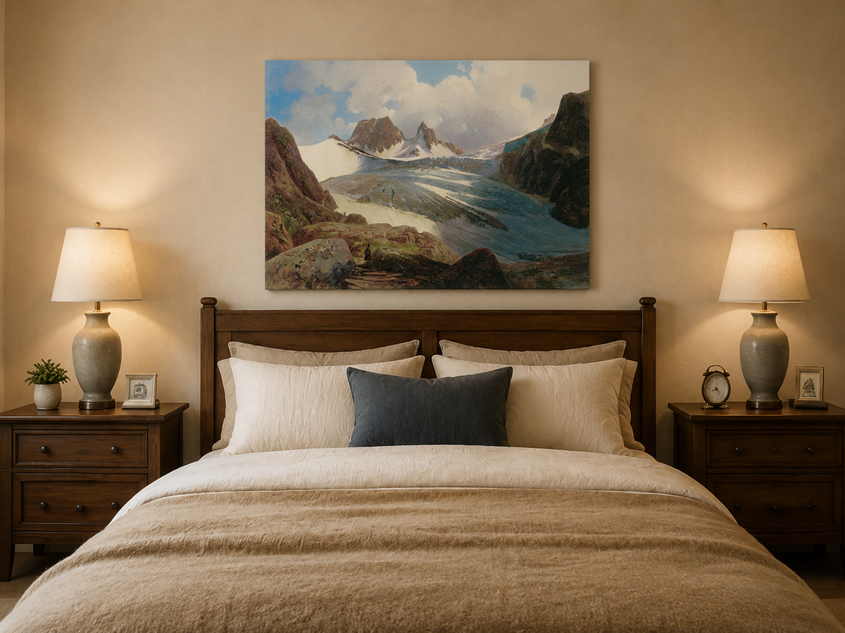 Peinture à l'huile de paysage - Glacier de montagne avec personnage