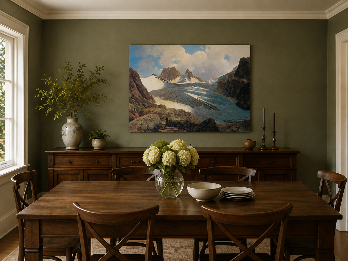 Peinture à l'huile de paysage - Glacier de montagne avec personnage