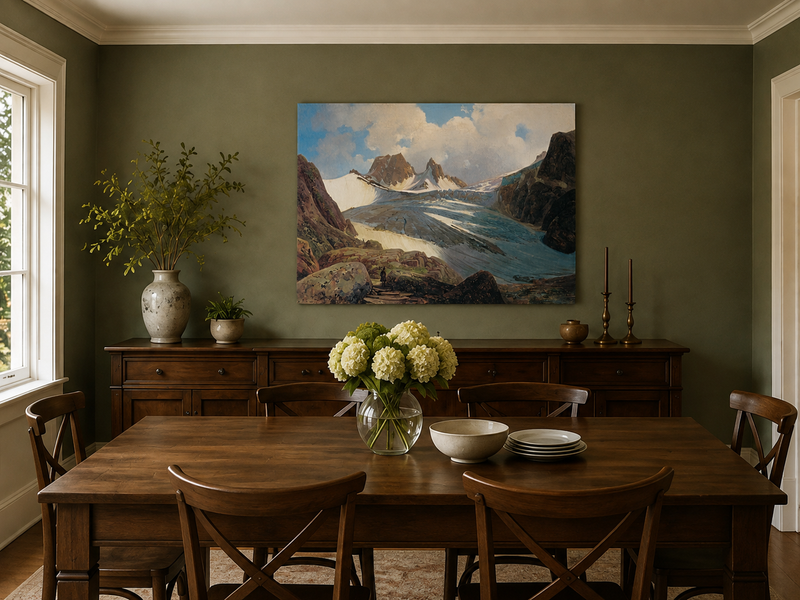 Peinture à l'huile de paysage - Glacier de montagne avec personnage
