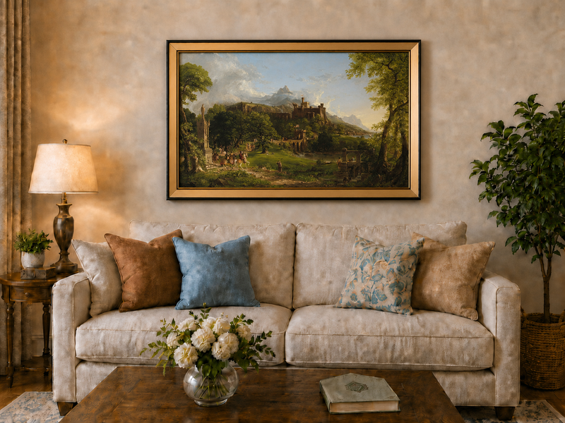 Landscape Oil Painting - Castle Hillside Riders Statue & Stone