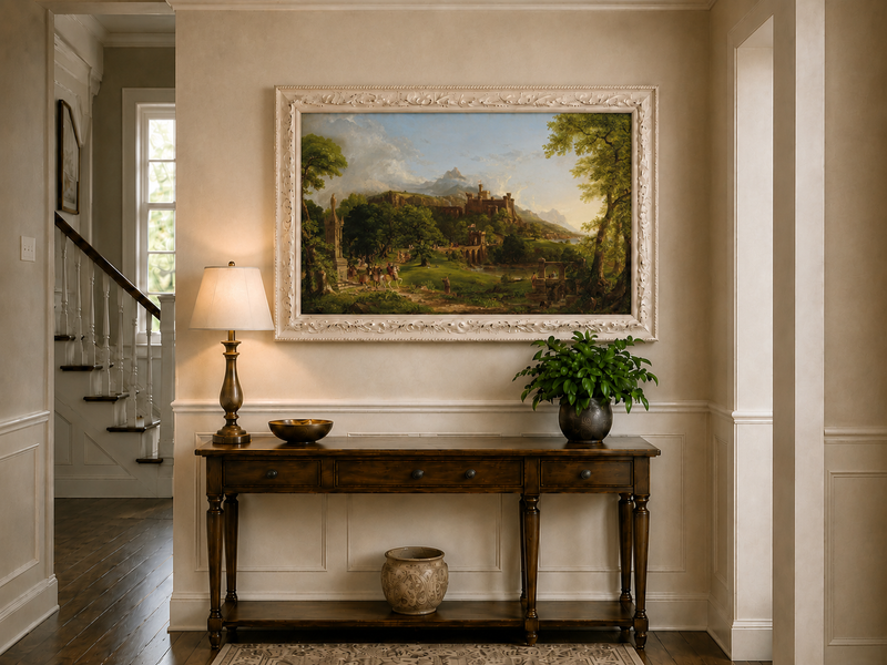 Landscape Oil Painting - Castle Hillside Riders Statue & Stone
