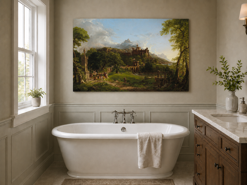 Landscape Oil Painting - Castle Hillside Riders Statue & Stone