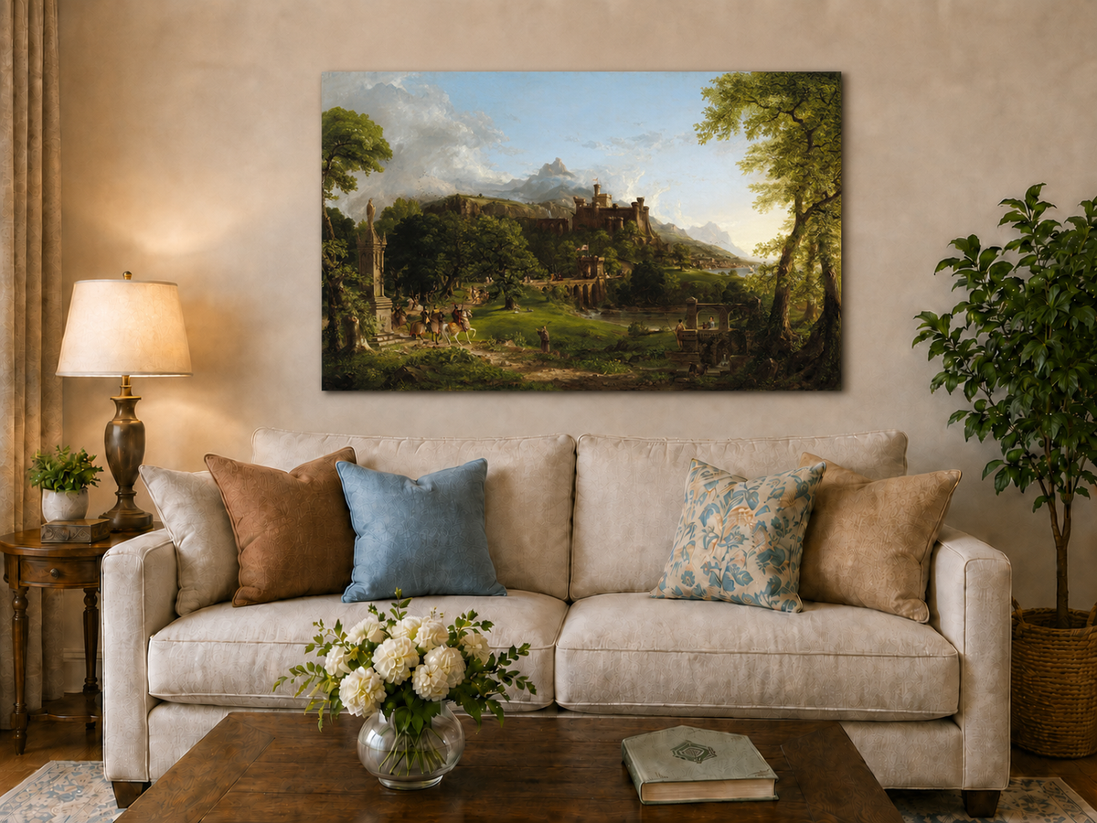 Landscape Oil Painting - Castle Hillside Riders Statue & Stone