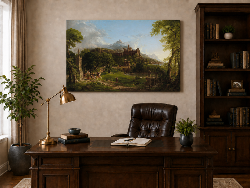 Landscape Oil Painting - Castle Hillside Riders Statue & Stone