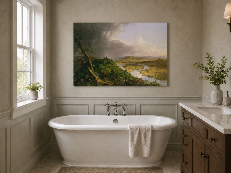 Landscape Oil Painting - River Valley Storm Clouds & Figures