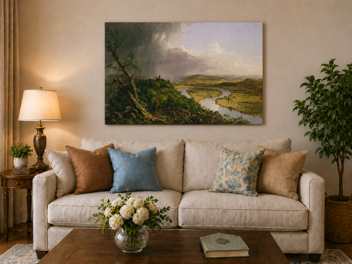 Landscape Oil Painting - River Valley Storm Clouds & Figures