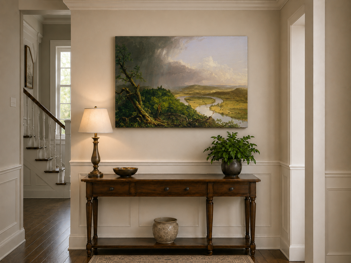 Landscape Oil Painting - River Valley Storm Clouds & Figures