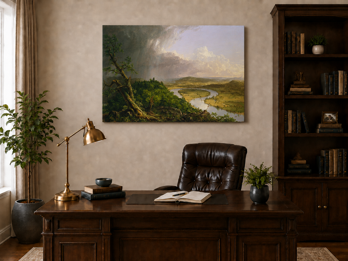 Landscape Oil Painting - River Valley Storm Clouds & Figures