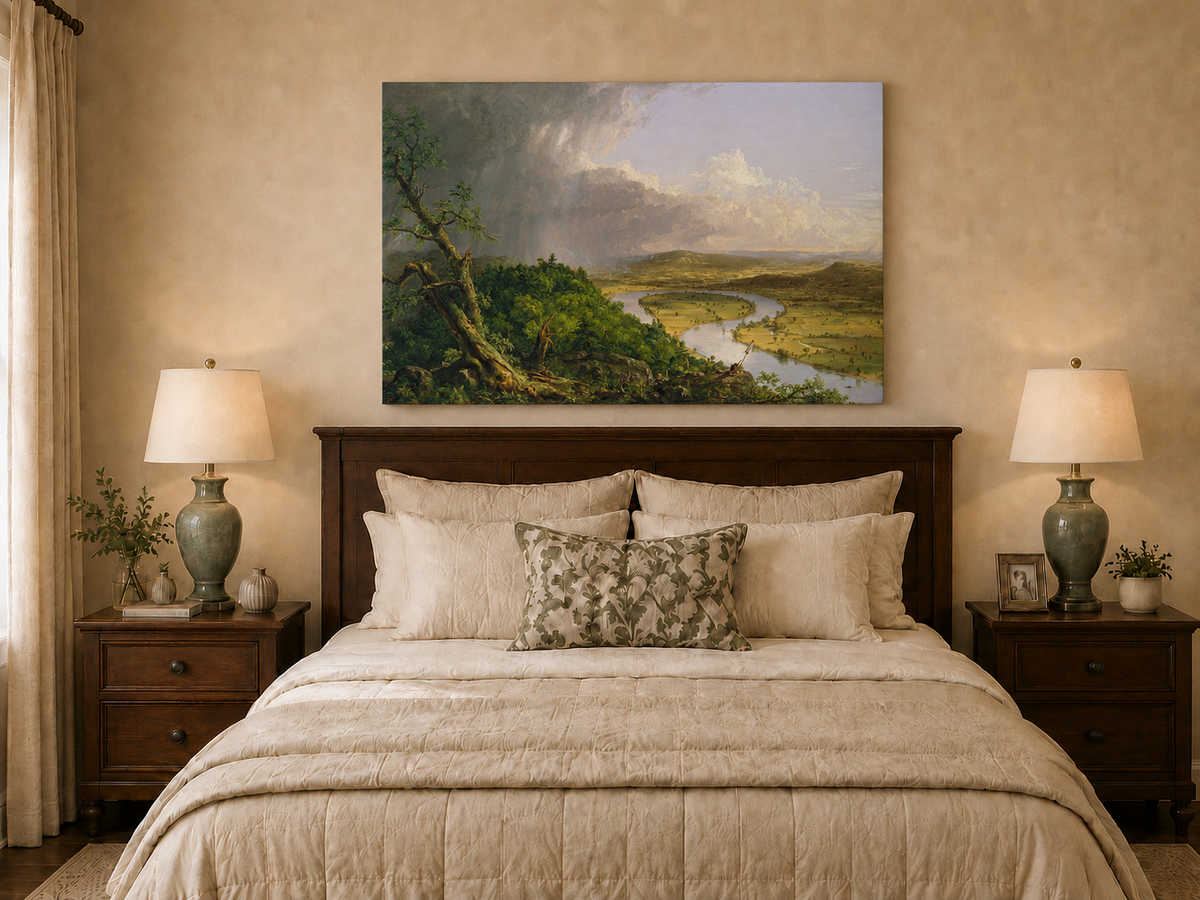 Landscape Oil Painting - River Valley Storm Clouds & Figures