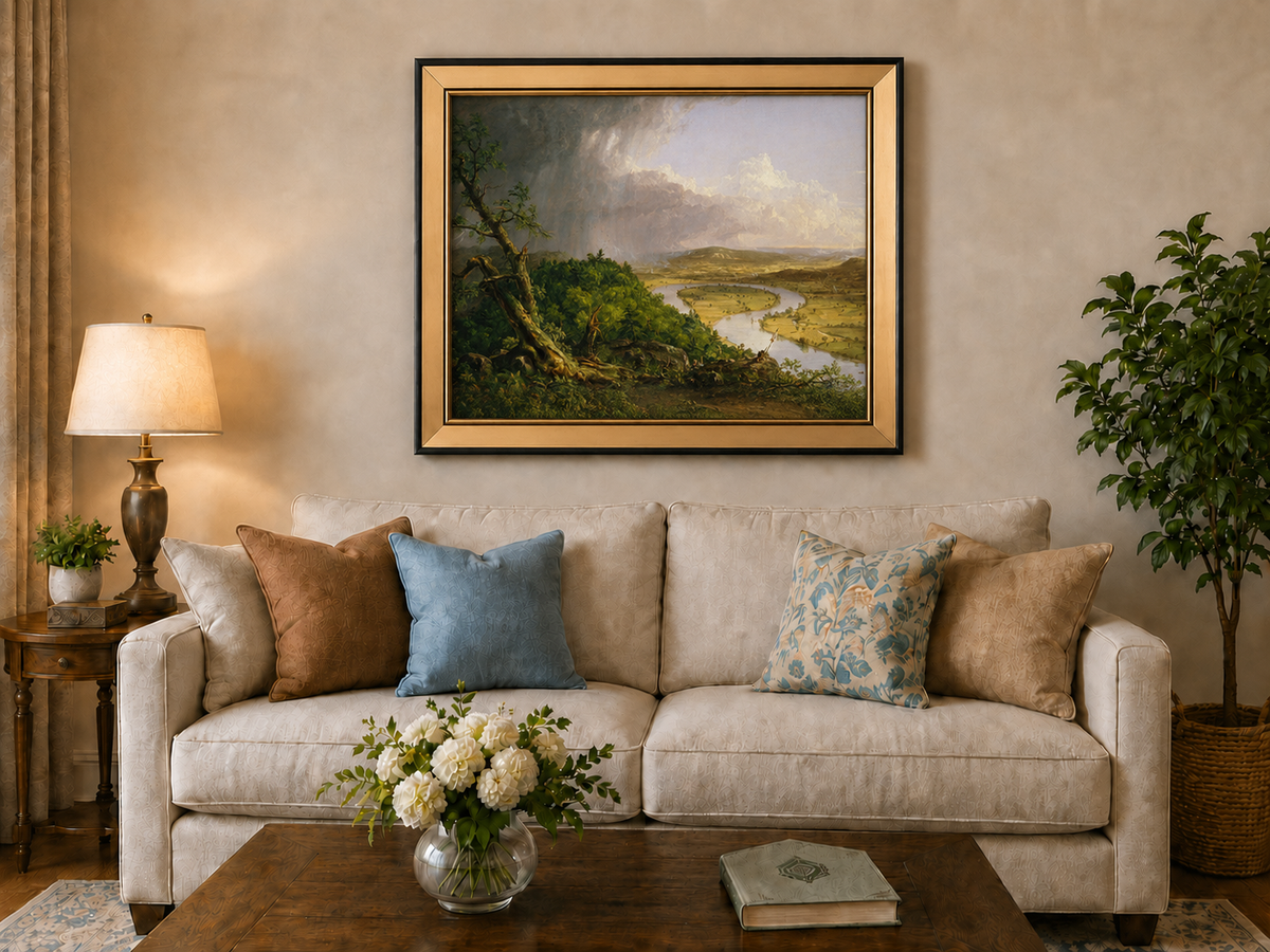 Landscape Oil Painting - River Valley Storm Clouds & Figures
