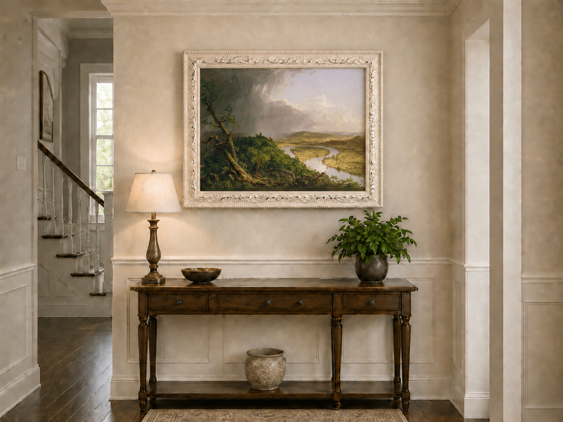 Landscape Oil Painting - River Valley Storm Clouds & Figures