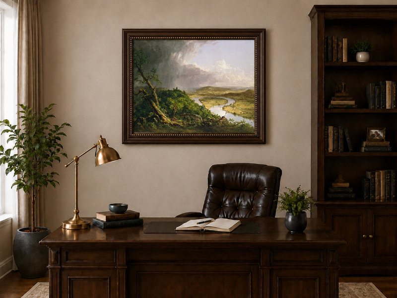 Landscape Oil Painting - River Valley Storm Clouds & Figures
