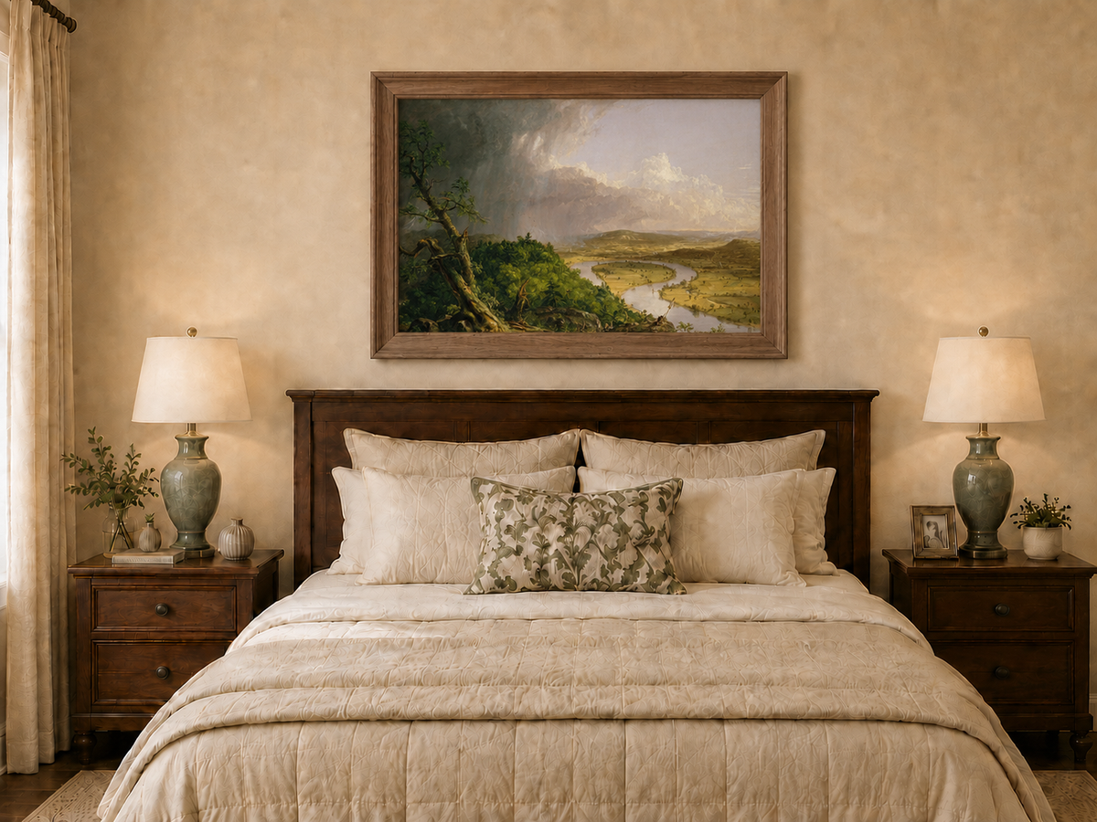 Landscape Oil Painting - River Valley Storm Clouds & Figures