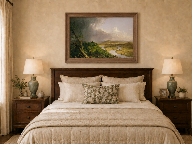 Landscape Oil Painting - River Valley Storm Clouds & Figures