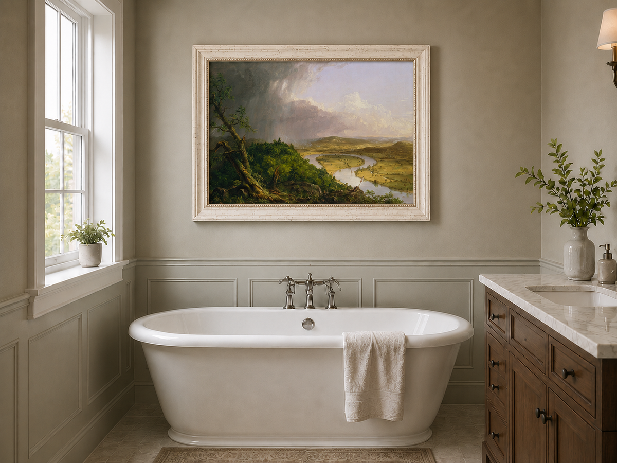 Landscape Oil Painting - River Valley Storm Clouds & Figures
