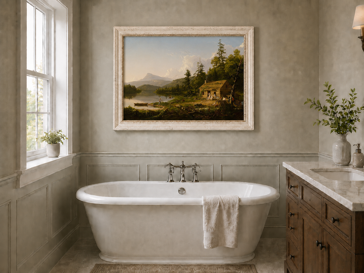 Peinture à l'huile de paysage - Cabane en rondins au bord d'un lac avec vie rurale