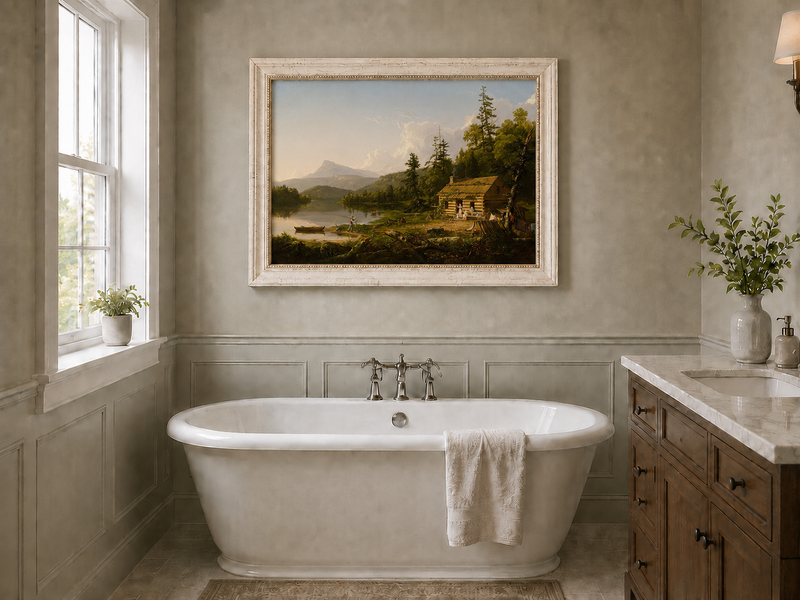 Peinture à l'huile de paysage - Cabane en rondins au bord d'un lac avec vie rurale