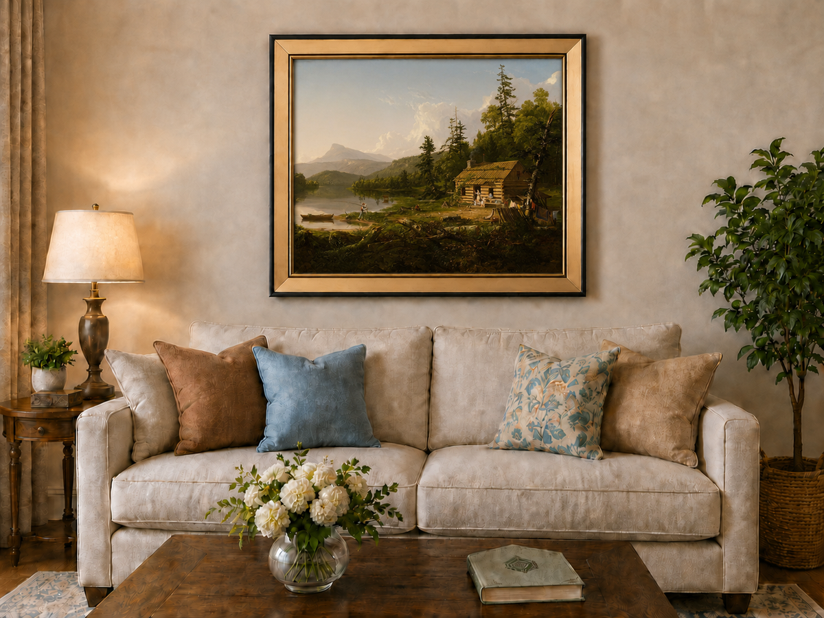 Peinture à l'huile de paysage - Cabane en rondins au bord d'un lac avec vie rurale
