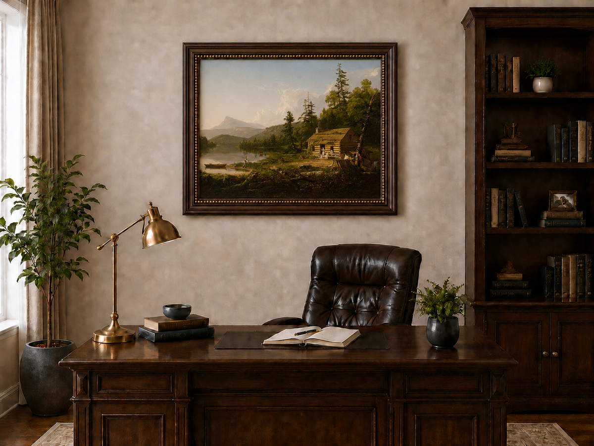 Peinture à l'huile de paysage - Cabane en rondins au bord d'un lac avec vie rurale
