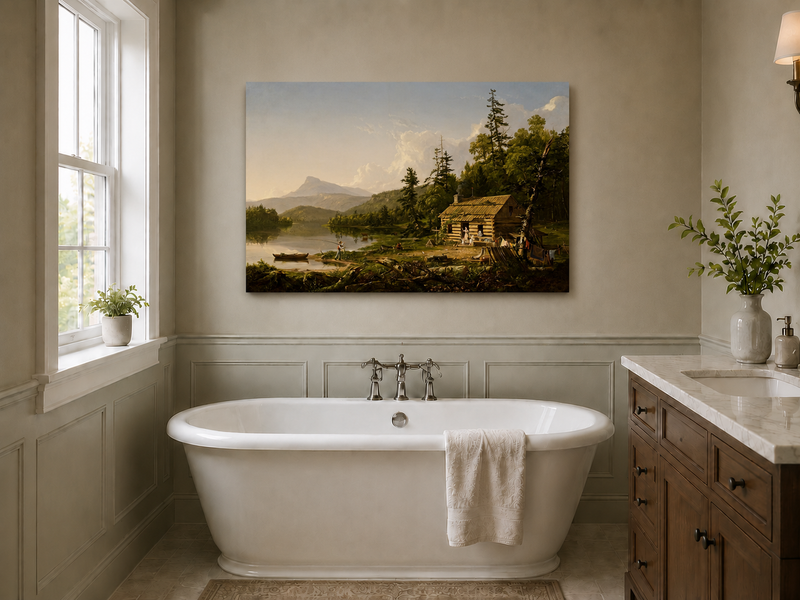 Peinture à l'huile de paysage - Cabane en rondins au bord d'un lac avec vie rurale