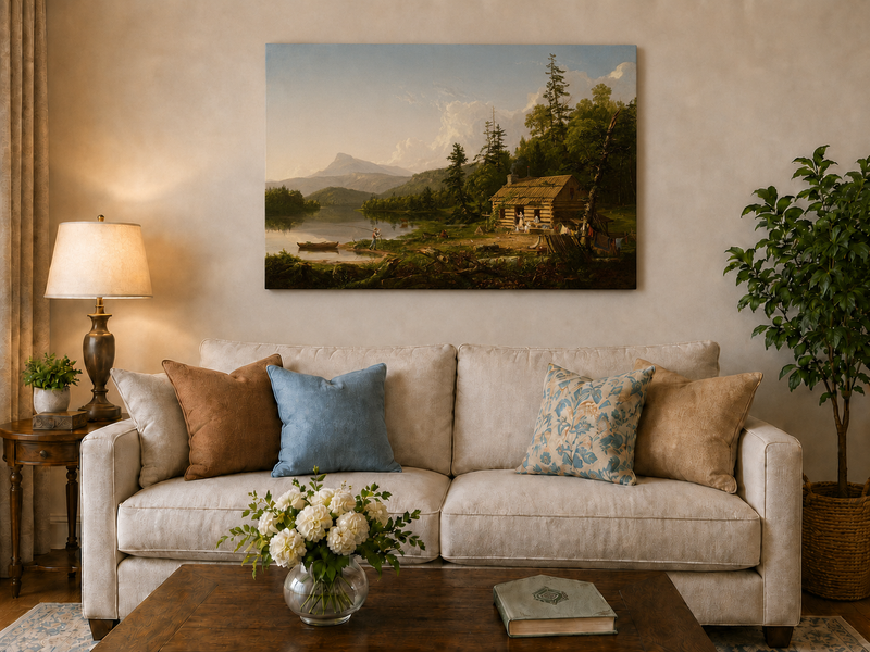 Peinture à l'huile de paysage - Cabane en rondins au bord d'un lac avec vie rurale