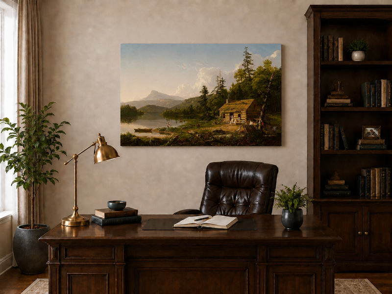 Peinture à l'huile de paysage - Cabane en rondins au bord d'un lac avec vie rurale