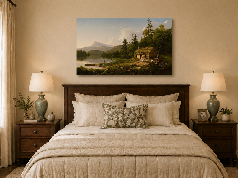Peinture à l'huile de paysage - Cabane en rondins au bord d'un lac avec vie rurale